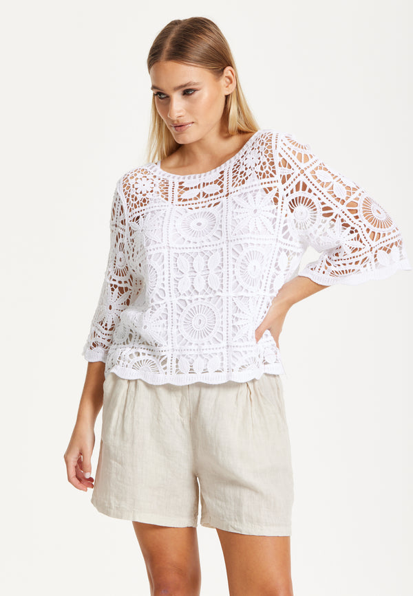 Liquorish White Knitted Crochet Lace Top