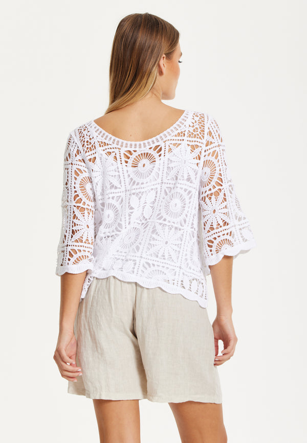 Liquorish White Knitted Crochet Lace Top