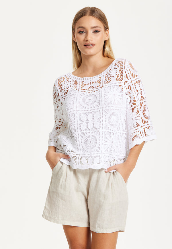Liquorish White Knitted Crochet Lace Top