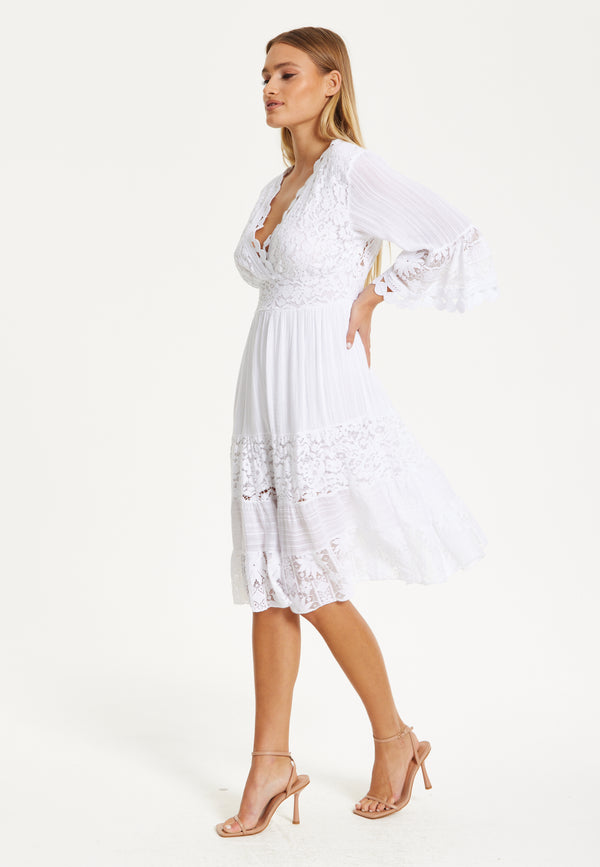 Liquorish White Lace Flared Sleeve Midi Dress