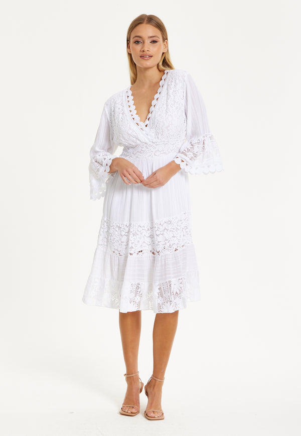 Liquorish White Lace Flared Sleeve Midi Dress