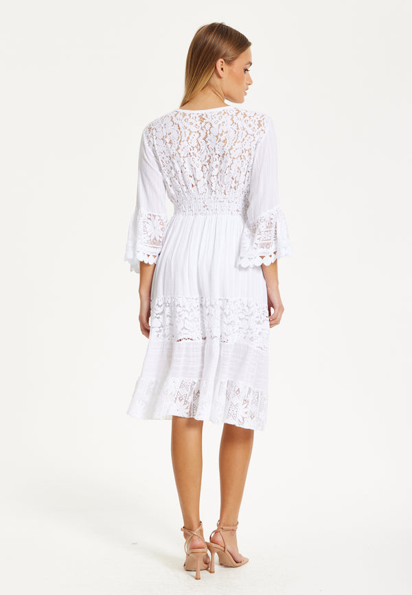 Liquorish White Lace Flared Sleeve Midi Dress