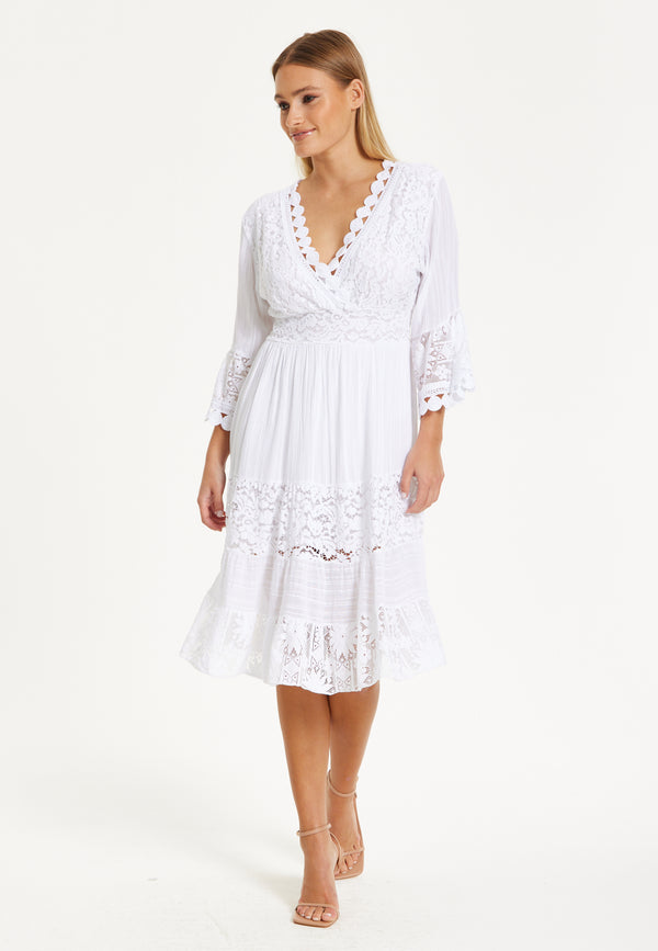 Liquorish White Lace Flared Sleeve Midi Dress