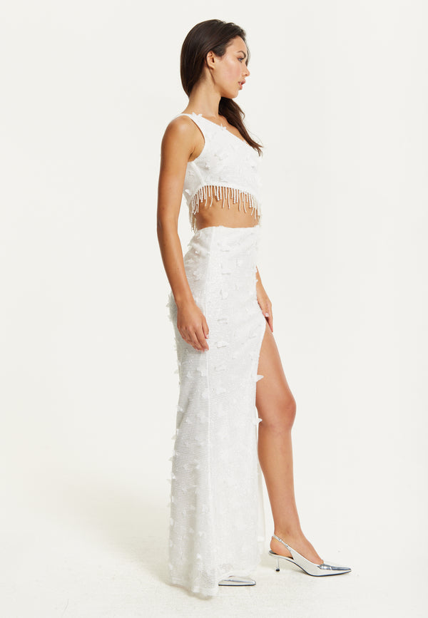 Liquorish White One Shoulder Beaded Maxi Dress