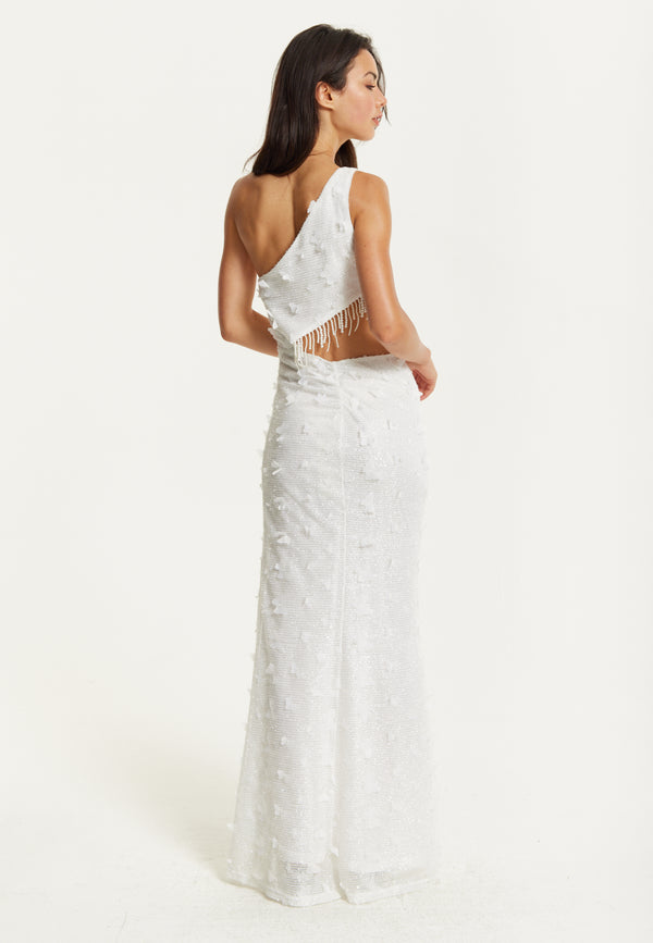 Liquorish White One Shoulder Beaded Maxi Dress
