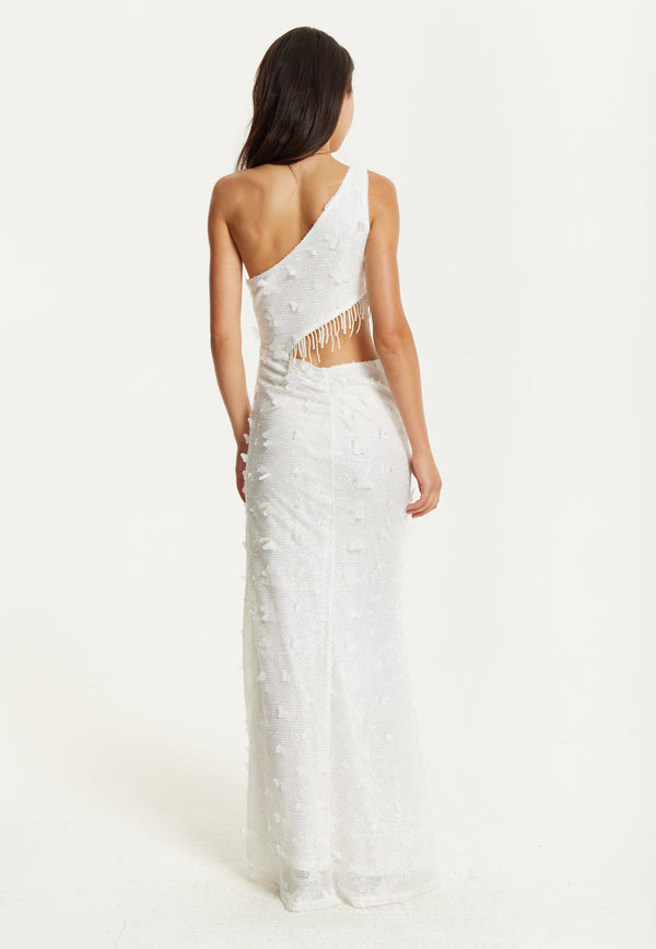 Liquorish White One Shoulder Beaded Maxi Dress