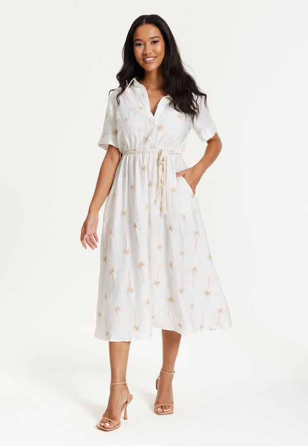 Liquorish White Palm Print Shirt Midi Dress