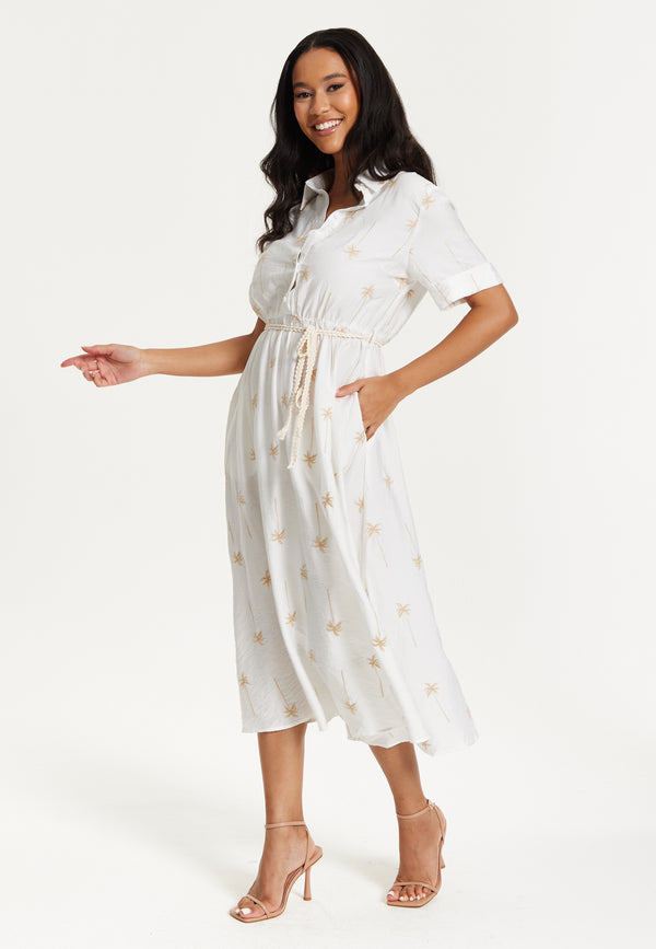 Liquorish White Palm Print Shirt Midi Dress