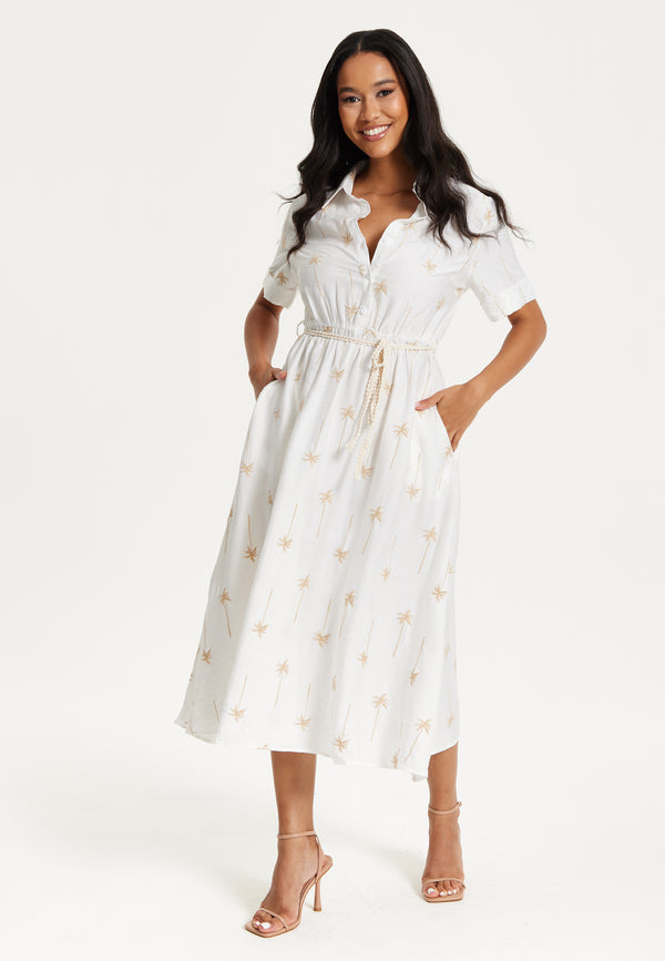 Liquorish White Palm Print Shirt Midi Dress
