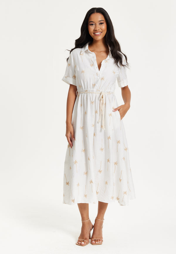 Liquorish White Palm Print Shirt Midi Dress