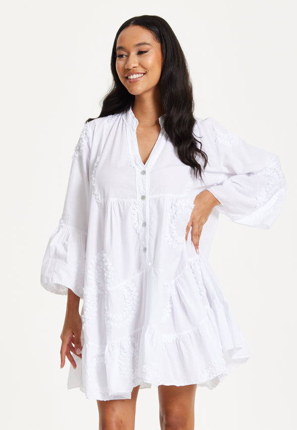 Liquorish White Tiered Button Front Mini Dress
