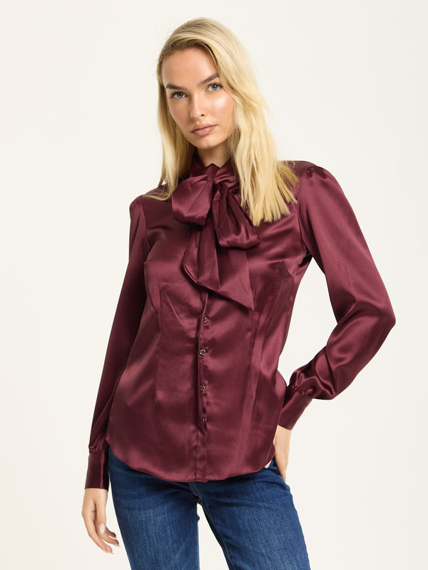 Liquorish Wine Satin Pussybow Silver Button Shirt
