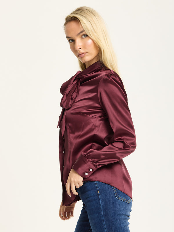 Liquorish Wine Satin Pussybow Silver Button Shirt