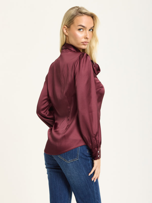 Liquorish Wine Satin Pussybow Silver Button Shirt