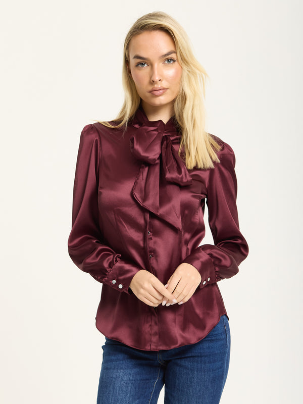 Liquorish Wine Satin Pussybow Silver Button Shirt