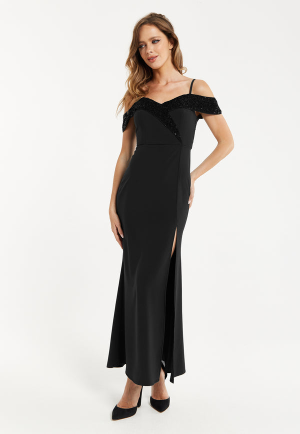 Liquorish Liquorish Women's Maxi Dress In Black With Off-Shoulder Design Thigh-High Slit & Sequin Detail