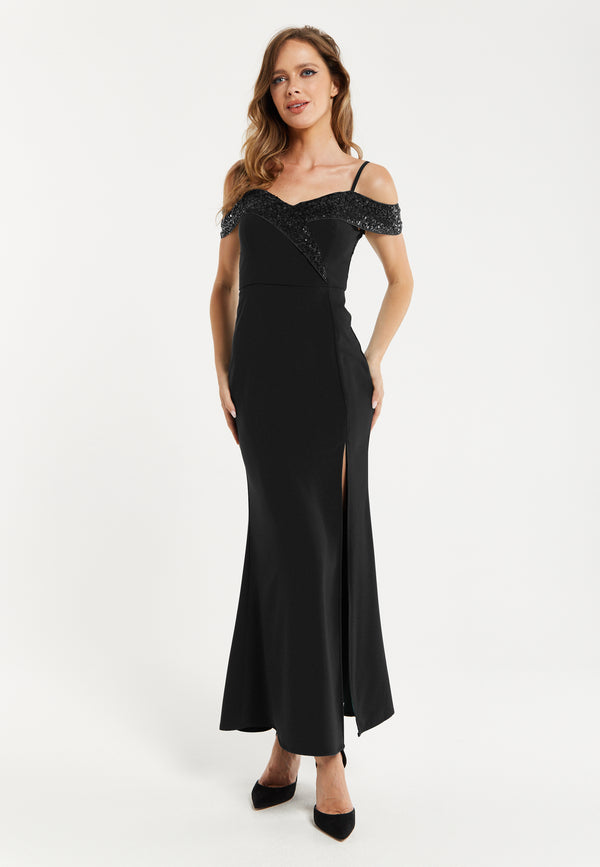 Liquorish Liquorish Women's Maxi Dress In Black With Off-Shoulder Design Thigh-High Slit & Sequin Detail