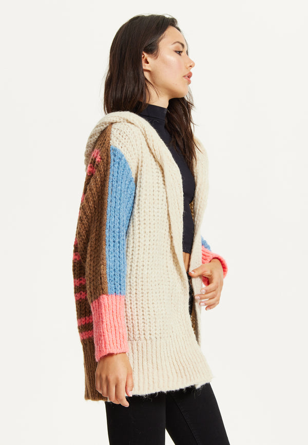Liquorish Wool Blend Colour Block Hooded Cardigan