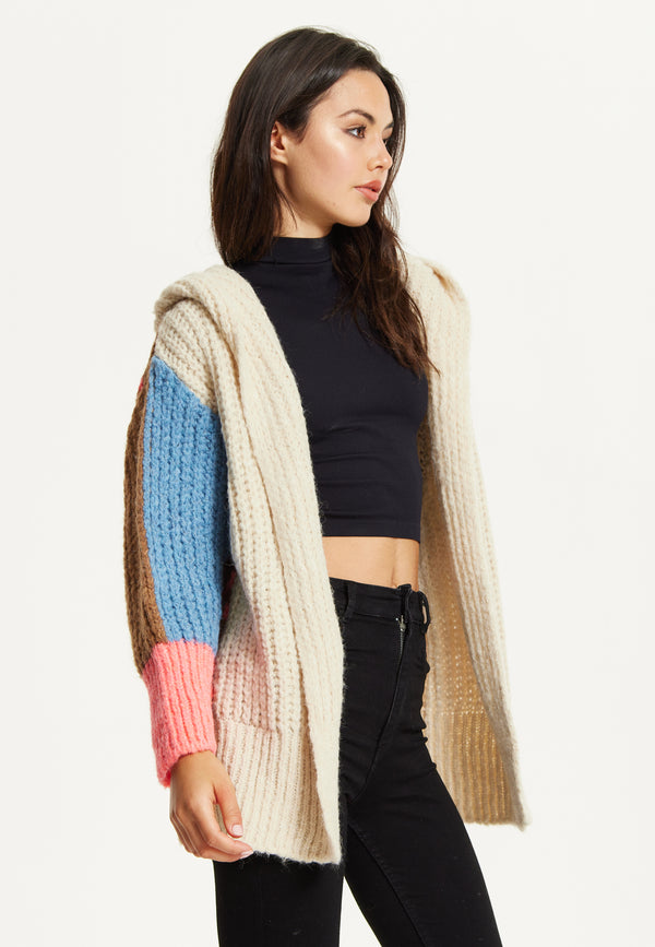 Liquorish Wool Blend Colour Block Hooded Cardigan