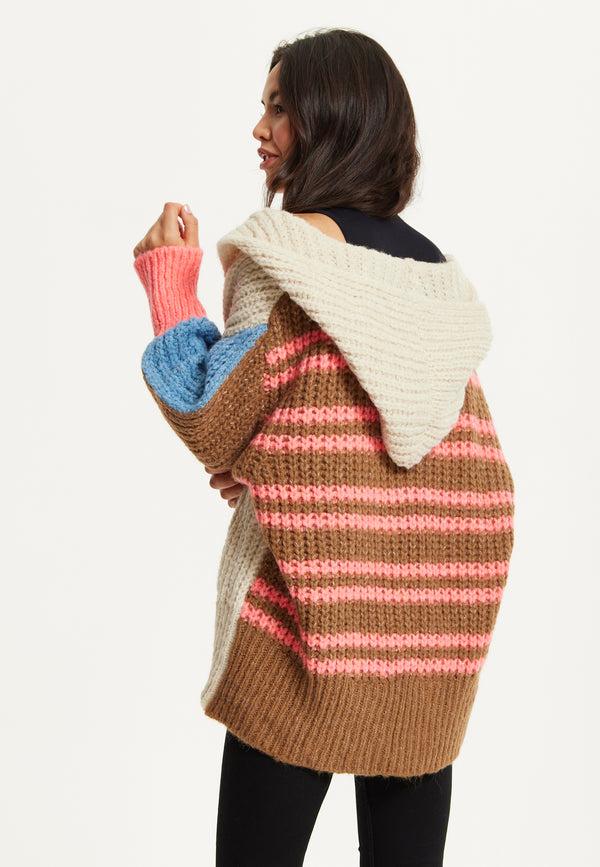 Liquorish Wool Blend Colour Block Hooded Cardigan