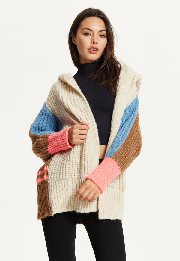 Liquorish Wool Blend Colour Block Hooded Cardigan