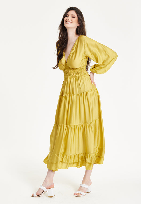 Liquorish Yellow Smocked Waist Midi Dress