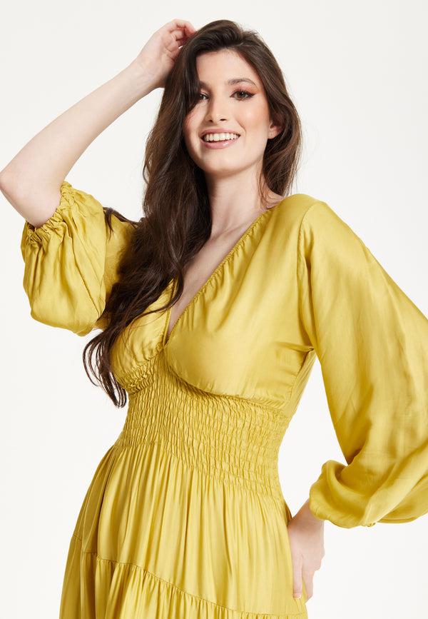 Liquorish Yellow Smocked Waist Midi Dress