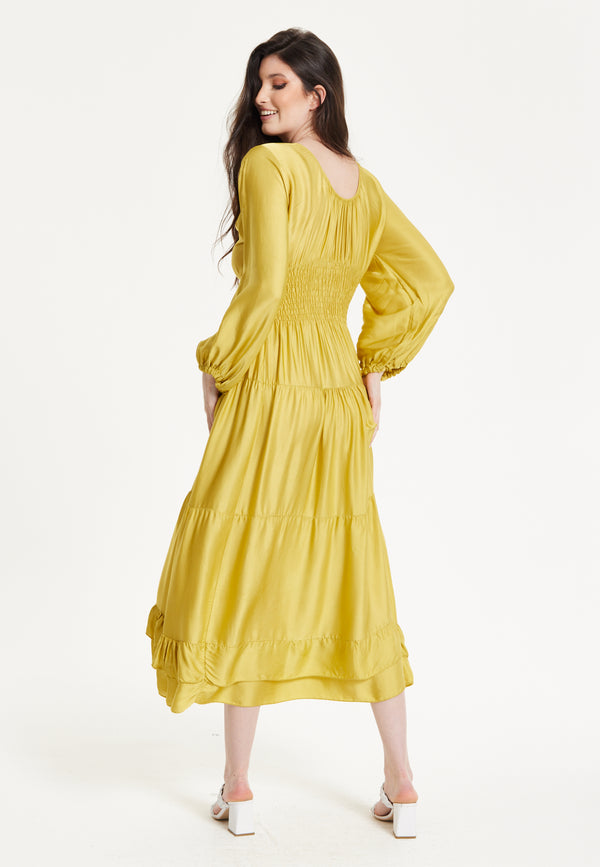 Liquorish Yellow Smocked Waist Midi Dress