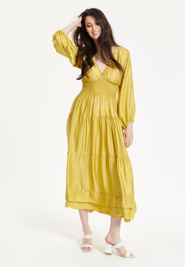 Liquorish Yellow Smocked Waist Midi Dress