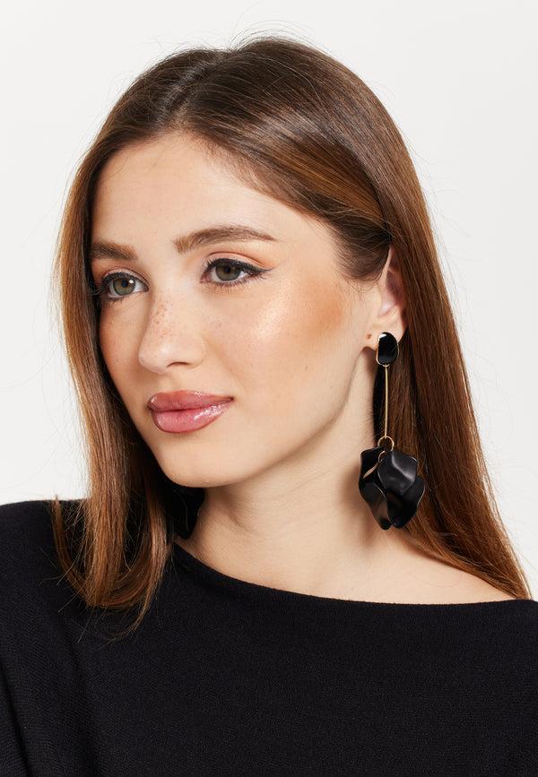 Liquorish Matte Black Flower Petals Long Drop Dangle Earrings