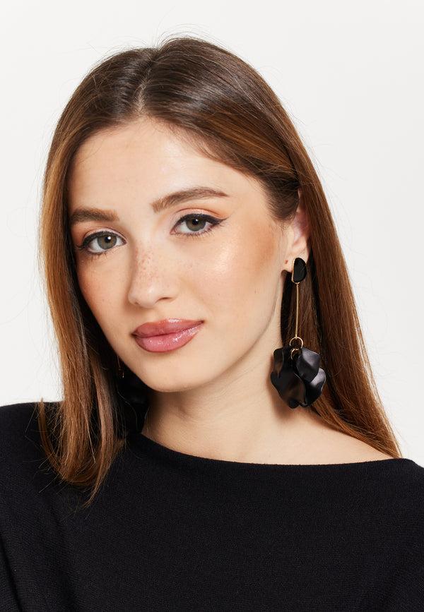 Liquorish Matte Black Flower Petals Long Drop Dangle Earrings