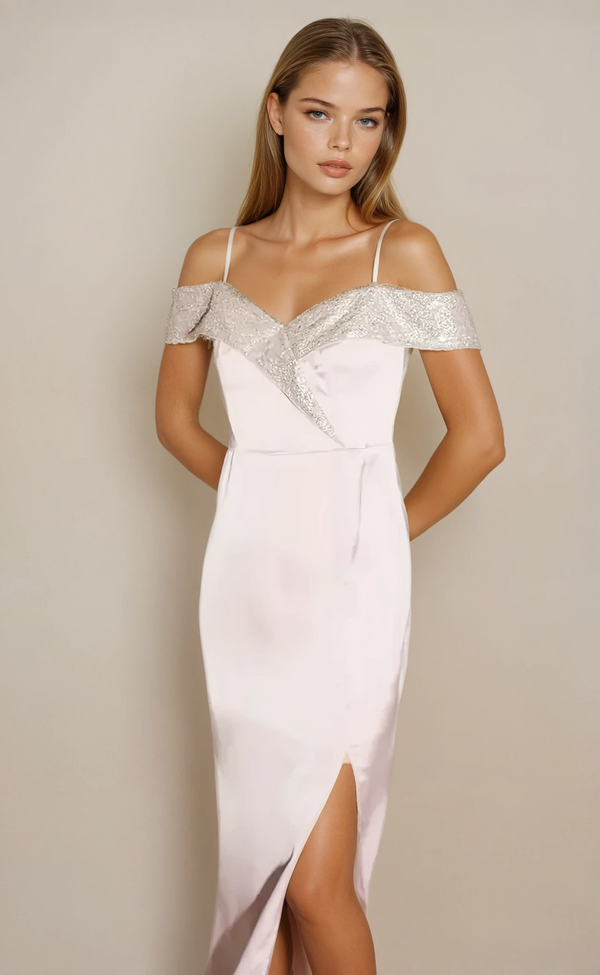 Liquorish Maxi Dress With Off-Shoulder Design Thigh-High Slit & Sequin Detail