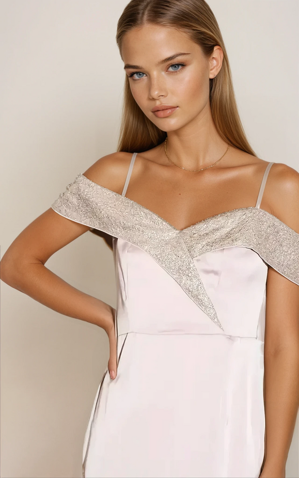 Liquorish Maxi Dress With Off-Shoulder Design Thigh-High Slit & Sequin Detail