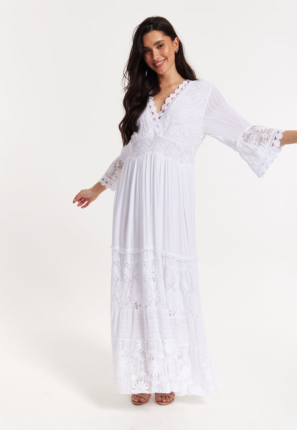 Liquorish White Lace Maxi Dress With Flared Sleeves