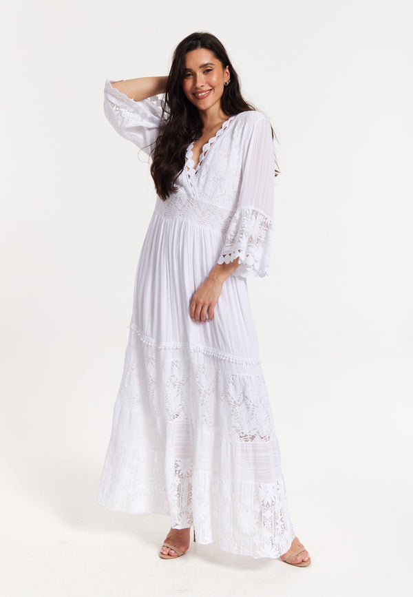 Liquorish White Lace Maxi Dress With Flared Sleeves