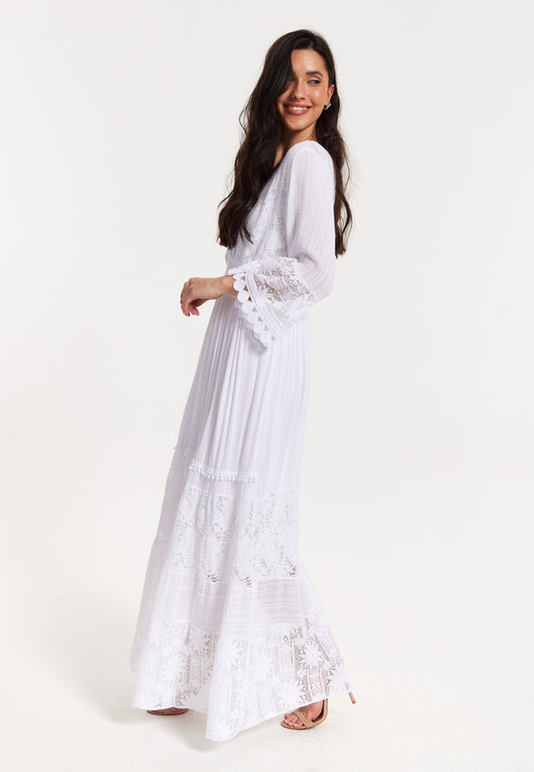 Liquorish White Lace Maxi Dress With Flared Sleeves