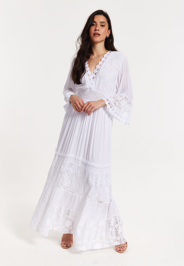 Liquorish White Lace Maxi Dress with Flared Sleeves