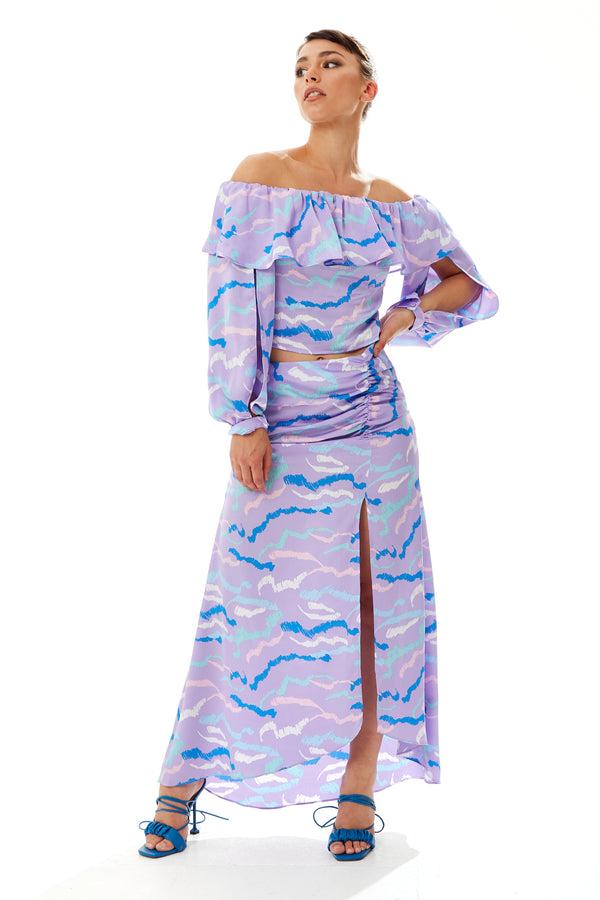 Liquorish Women's Abstract Print Gathered Front Slit Maxi Skirt - Regular Fit 100% Polyester In Stunning Colors - Liquorish