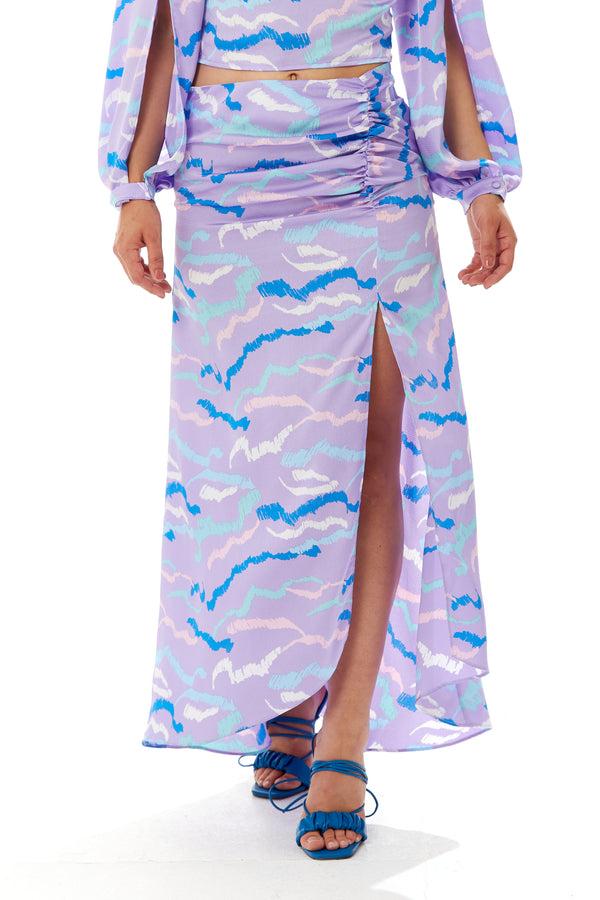 Liquorish Women's Abstract Print Gathered Front Slit Maxi Skirt - Regular Fit 100% Polyester in Stunning Colors - Liquorish