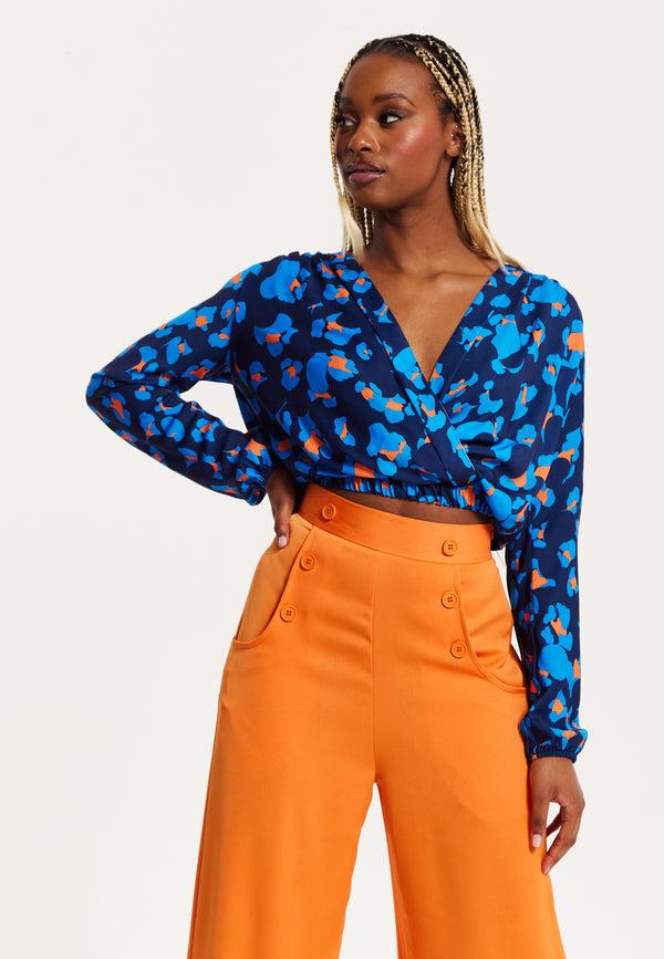 Liquorish Women's Abstract Print Wrap Top In Pink Orange And Blue - Crossover Front V Neck Long Sleeves Elasticated Waist