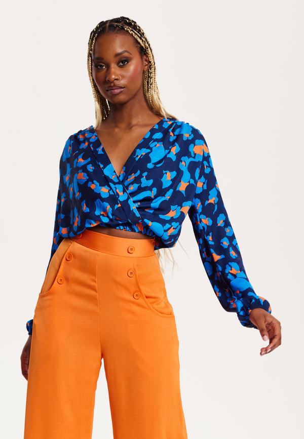 Liquorish Women's Abstract Print Wrap Top In Pink Orange And Blue - Crossover Front V Neck Long Sleeves Elasticated Waist