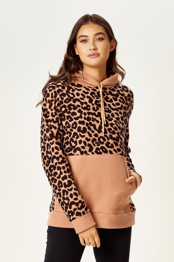 Liquorish Women's Animal Print Long Sleeve Fleece Hoodie Sweatshirt With High Neck And Front Pocket Relaxed Fit Cozy Style