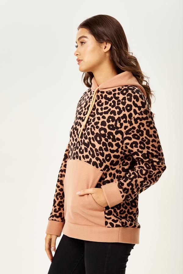 Liquorish Women's Animal Print Long Sleeve Fleece Hoodie Sweatshirt With High Neck And Front Pocket Relaxed Fit Cozy Style