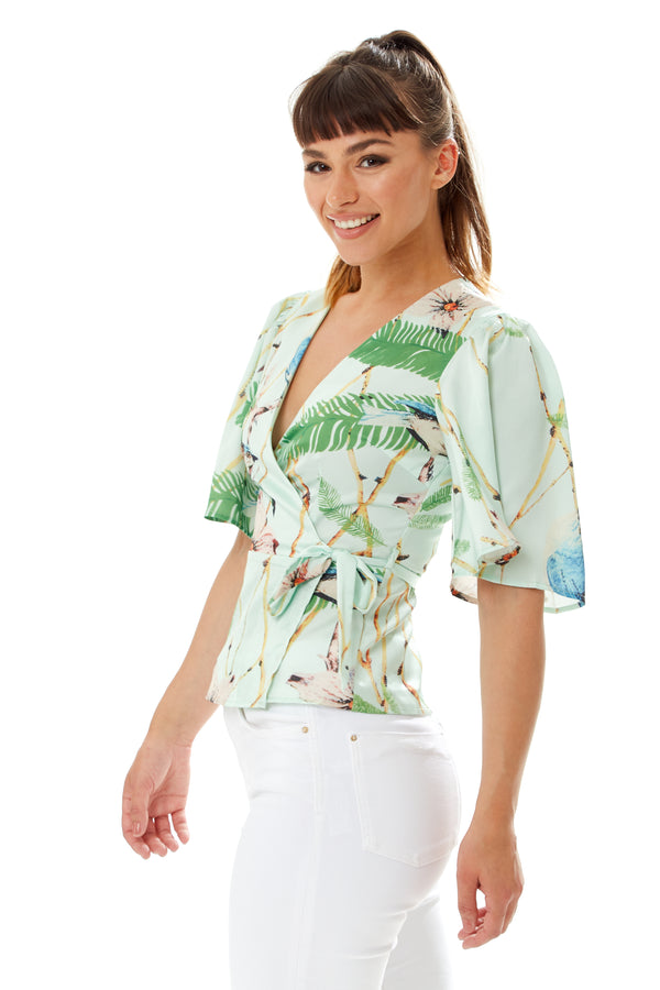Liquorish Women's Bird Print Wrap Top With V Neck Mint Green Cross Over Front Perfect For Summer Regular Fit Co-ord Set