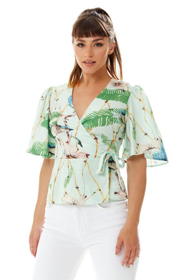 Liquorish Women's Bird Print Wrap Top with V Neck Mint Green Cross Over Front Perfect for Summer Regular Fit Co-ord Set