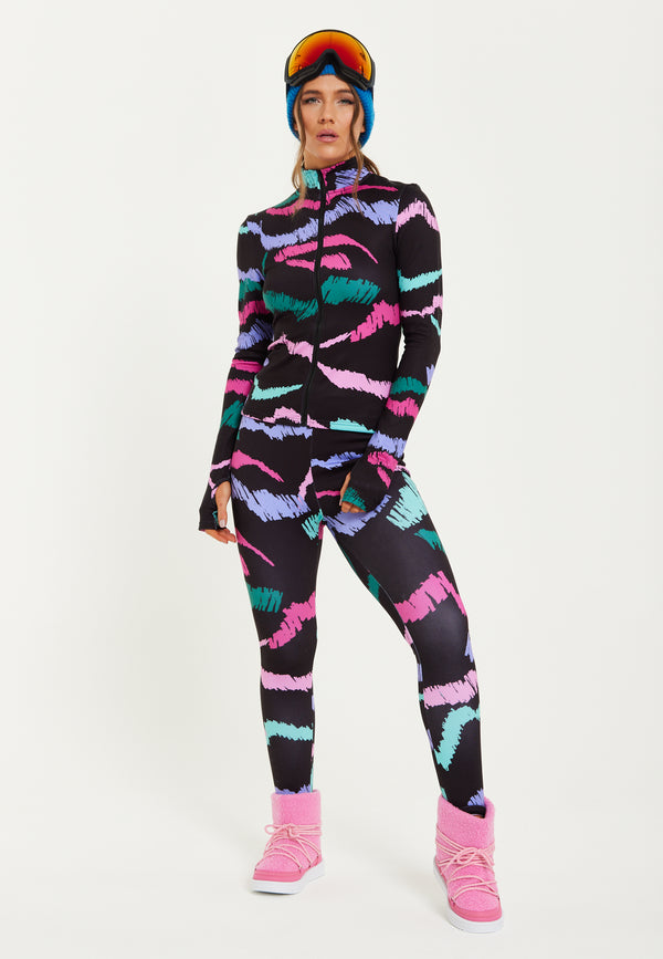 Liquorish Women's Black Abstract Print Ski Base Layer Top With Zip Fastening And Thumbhole Cuffs For Comfort And Fit