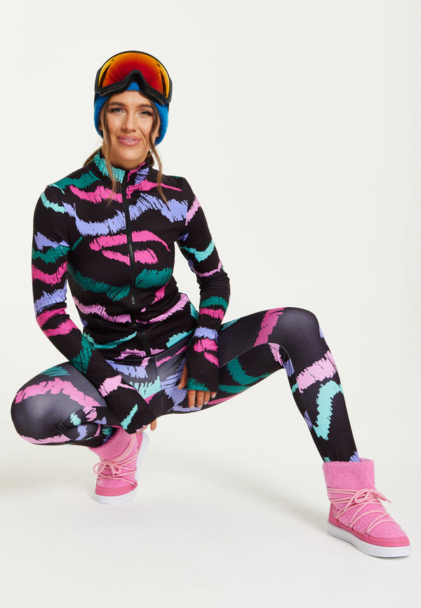Liquorish Women's Black Abstract Print Ski Base Layer Top with Zip Fastening and Thumbhole Cuffs for Comfort and Fit