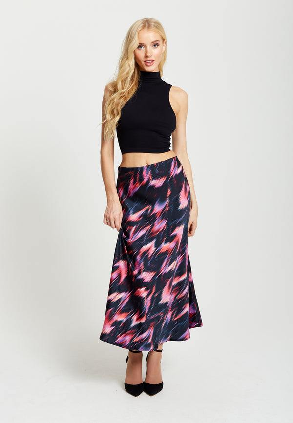 Liquorish Women's Black And Pink Abstract Feather Print Midi Skirt With High Waist And Elasticated Waistband By Liquorish