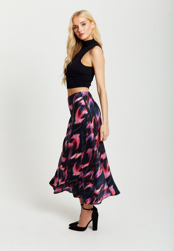 Liquorish Women's Black And Pink Abstract Feather Print Midi Skirt With High Waist And Elasticated Waistband By Liquorish