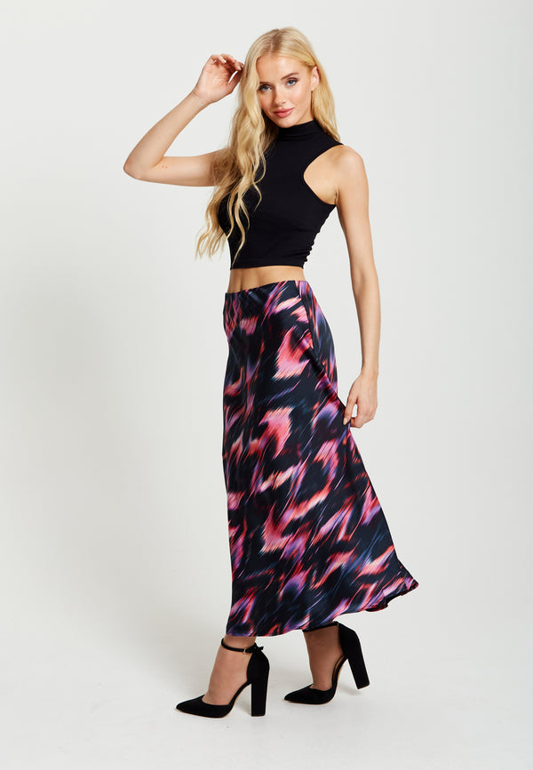 Liquorish Women's Black And Pink Abstract Feather Print Midi Skirt With High Waist And Elasticated Waistband By Liquorish